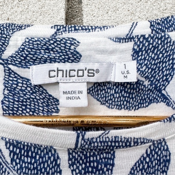 Chico’s Cotton Slub Leaf Print 3/4 Sleeve Button Tee Blue White - Picture 9 of 13